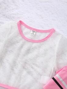 SHEIN Young Girl Letter Graphic Cami Top & Sheer Top & Knot Front Shorts - Multicolor - View 4