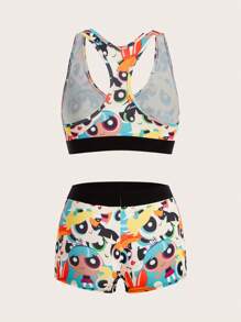 The Powerpuff Girls | ROMWE 全身印花撞色绑带内衣套装，可爱 - 白色 - 查看 2