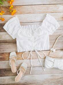 SHEIN VCAY 大碼褶邊前抽繩短款襯衫 - 白色 - 查看 1