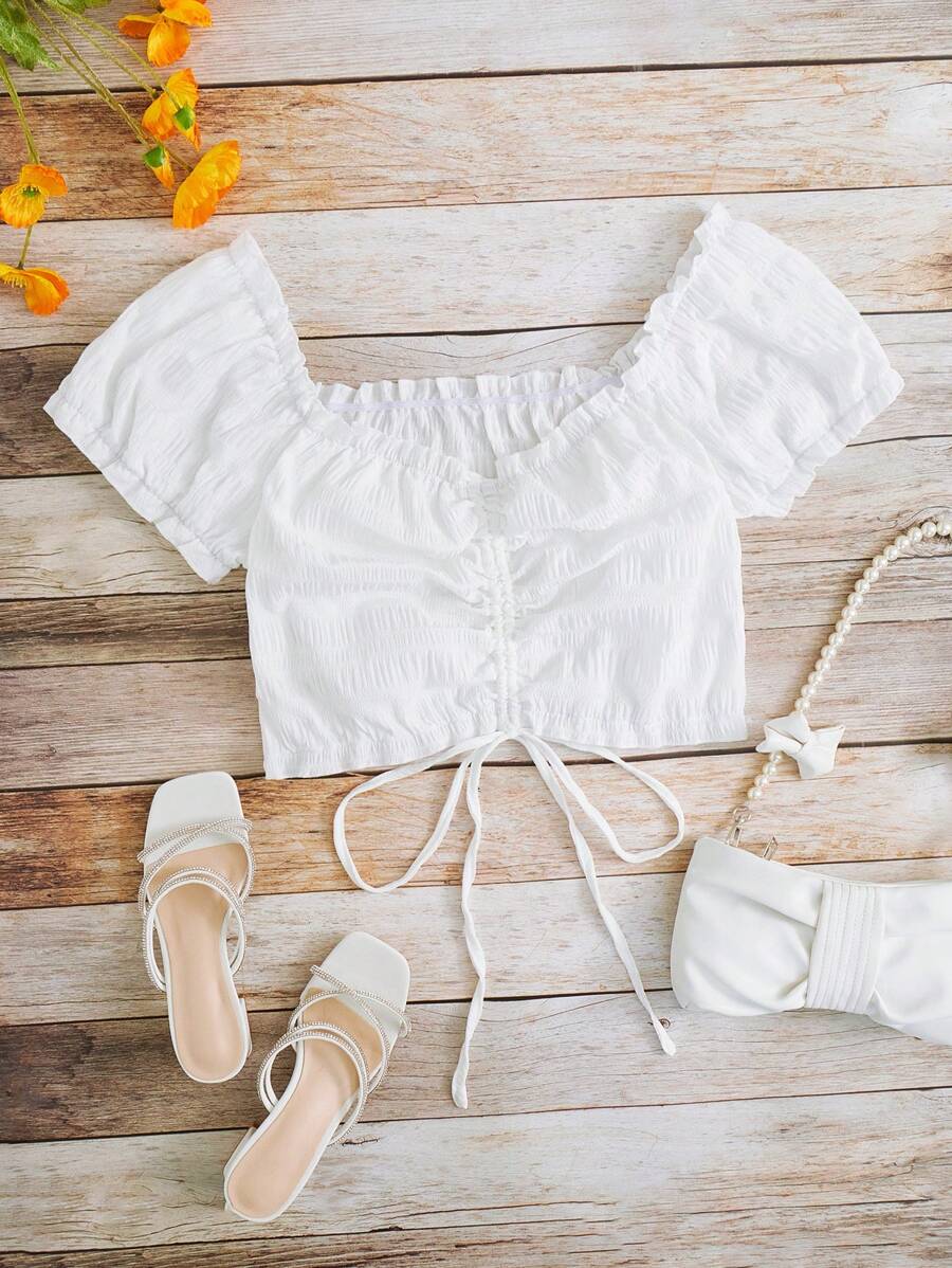 SHEIN VCAY 大碼褶邊前抽繩短款襯衫 - 白色 - 查看 1