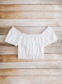 SHEIN VCAY 大碼褶邊前抽繩短款襯衫 - 白色 - 查看 2