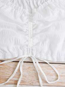 SHEIN VCAY 大碼褶邊前抽繩短款襯衫 - 白色 - 查看 3