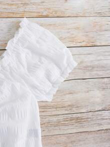 SHEIN VCAY 大碼褶邊前抽繩短款襯衫 - 白色 - 查看 4