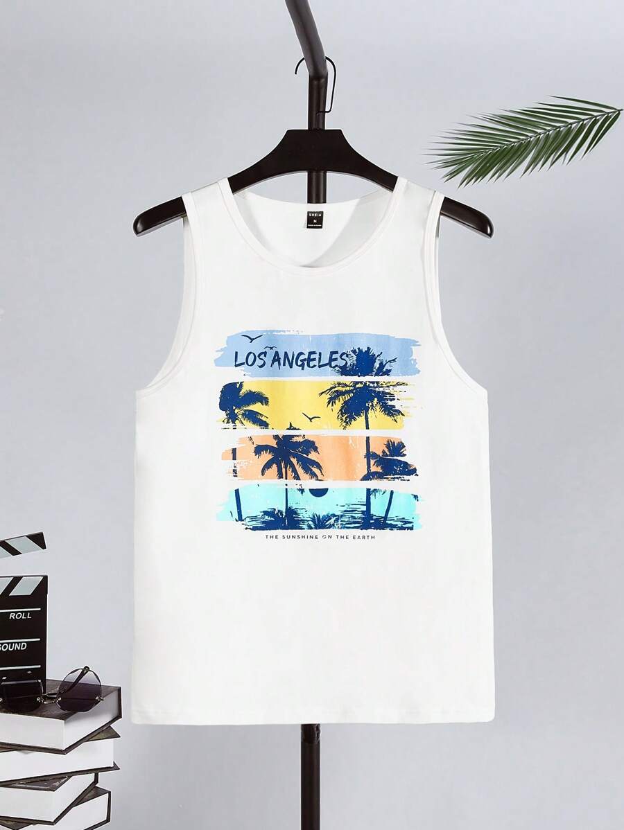 Manfinity RebelGame 男士棉熱帶和標語圖案背心上衣 - 白色 - 查看 1