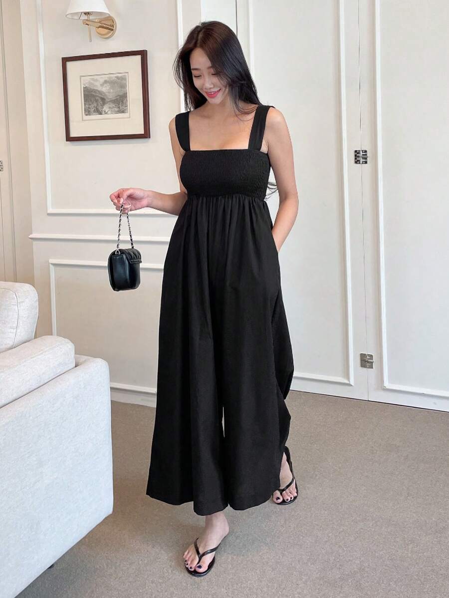 DAZY 女士纯色宽腿宽松连体裤，带口袋，商务休闲女式连体裤 - 黑色 - 查看 1