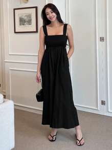 DAZY 女士纯色宽腿宽松连体裤，带口袋，商务休闲女式连体裤 - 黑色 - 查看 3