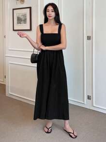 DAZY 女士纯色宽腿宽松连体裤，带口袋，商务休闲女式连体裤 - 黑色 - 查看 4