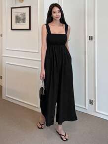 DAZY 女士纯色宽腿宽松连体裤，带口袋，商务休闲女式连体裤 - 黑色 - 查看 7