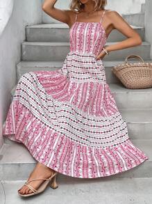 SHEIN VCAY Geo Print Ruffle Hem Cami Dress - Multicolor - View 5