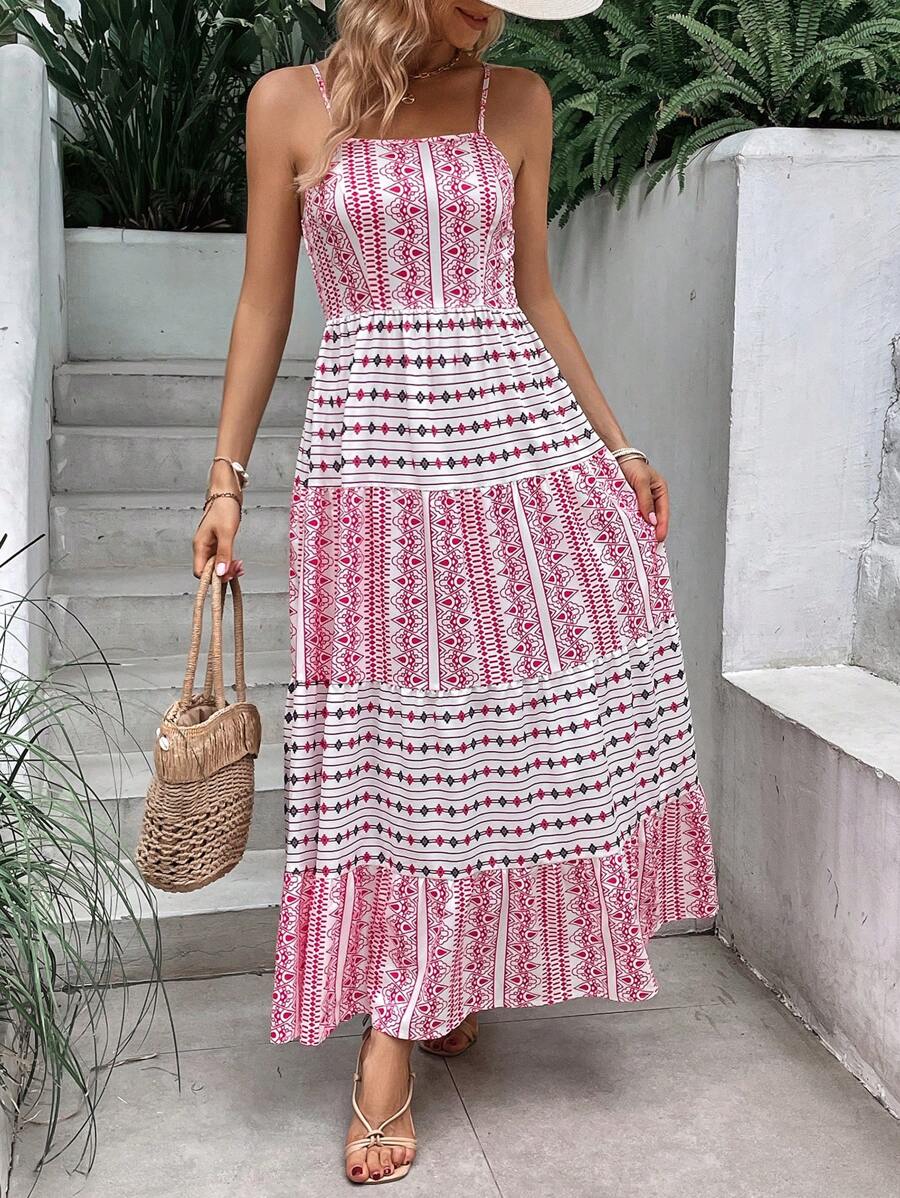 SHEIN VCAY Geo Print Ruffle Hem Cami Dress - Multicolor - View 1