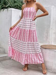 SHEIN VCAY Geo Print Ruffle Hem Cami Dress - Multicolor - View 4