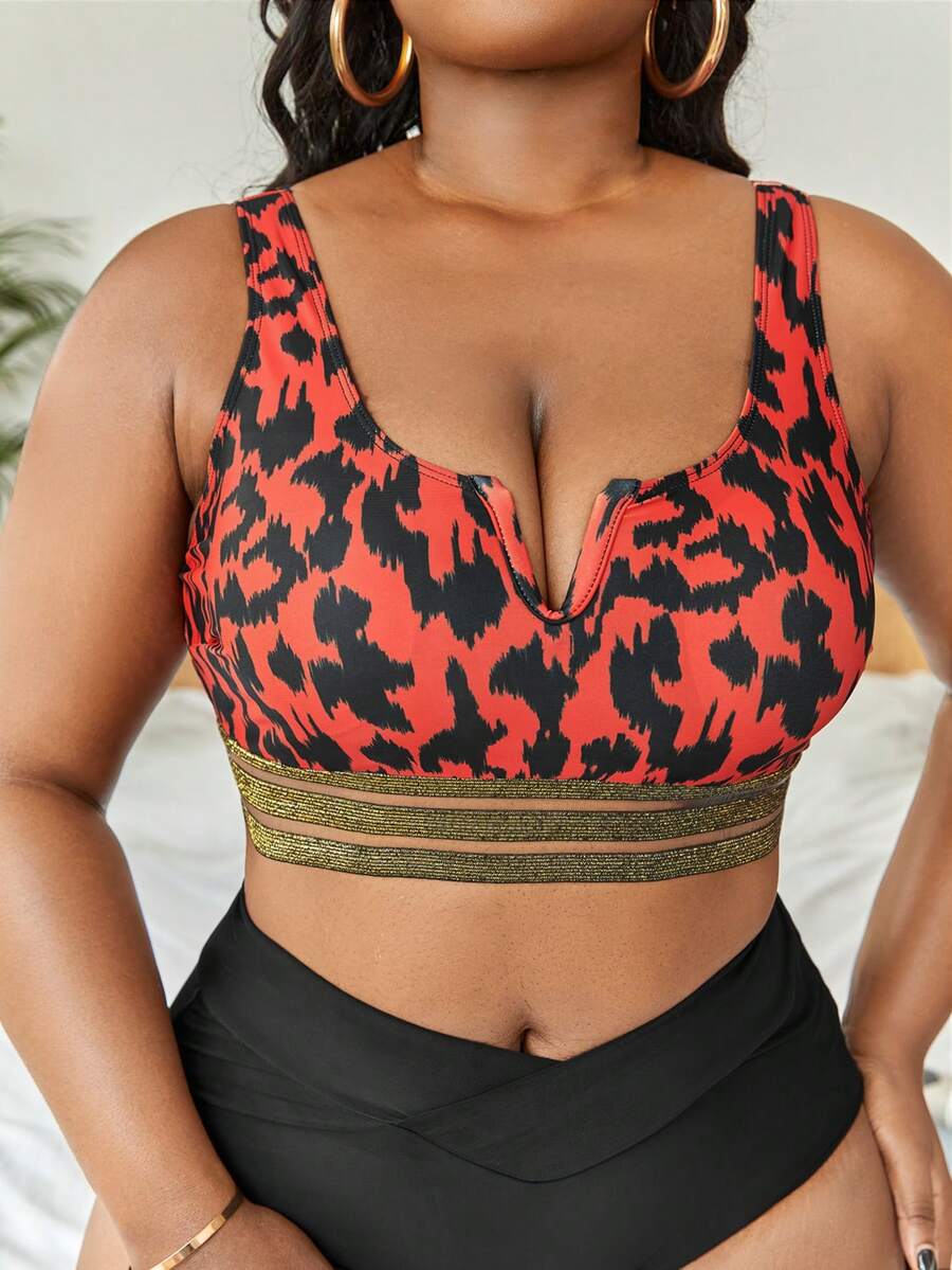 Top bikini con estampado de malla en contraste cinta - Rojo - Ver 1