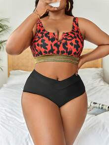 Top bikini con estampado de malla en contraste cinta - Rojo - Ver 3