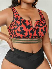 Top bikini con estampado de malla en contraste cinta - Rojo - Ver 5