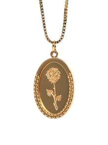 花細節橢圓形吊飾項鍊 - 金黃色 - 查看 2