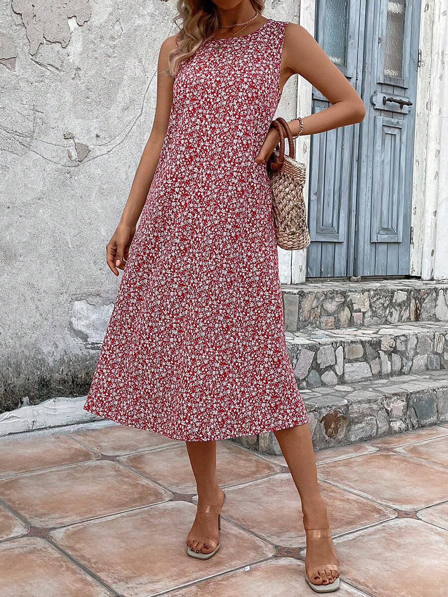 SHEIN VCAY Đầm Họa tiết hoa Giải trí - Đỏ - Xem 1