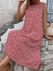 SHEIN VCAY Đầm Họa tiết hoa Giải trí - Đỏ - Xem 3