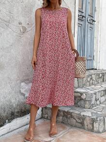 SHEIN VCAY Đầm Họa tiết hoa Giải trí - Đỏ - Xem 4