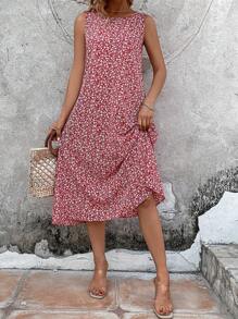 SHEIN VCAY Đầm Họa tiết hoa Giải trí - Đỏ - Xem 5