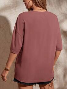 SHEIN LUNE Floral & Slogan Graphic Drop Shoulder Oversized Tee FLOWERS Towards The Sun - Redwood - View 2