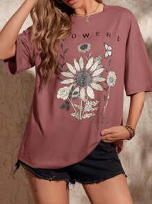 SHEIN LUNE Floral & Slogan Graphic Drop Shoulder Oversized Tee FLOWERS Towards The Sun - Redwood - View 4