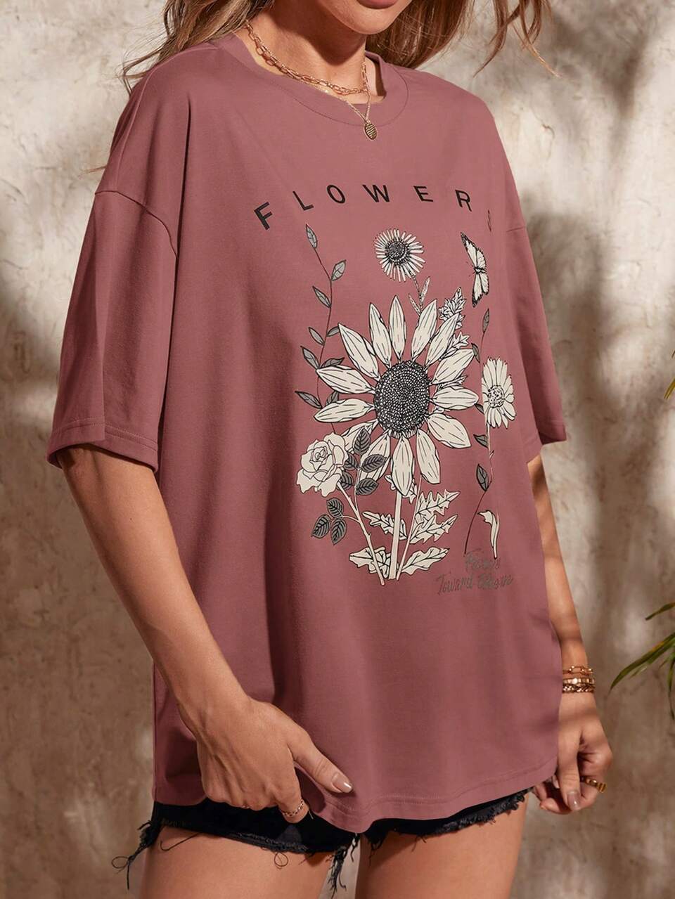 Floral & Slogan Graphic Drop Shoulder Oversized Tee FLOWERS Towards The Sun