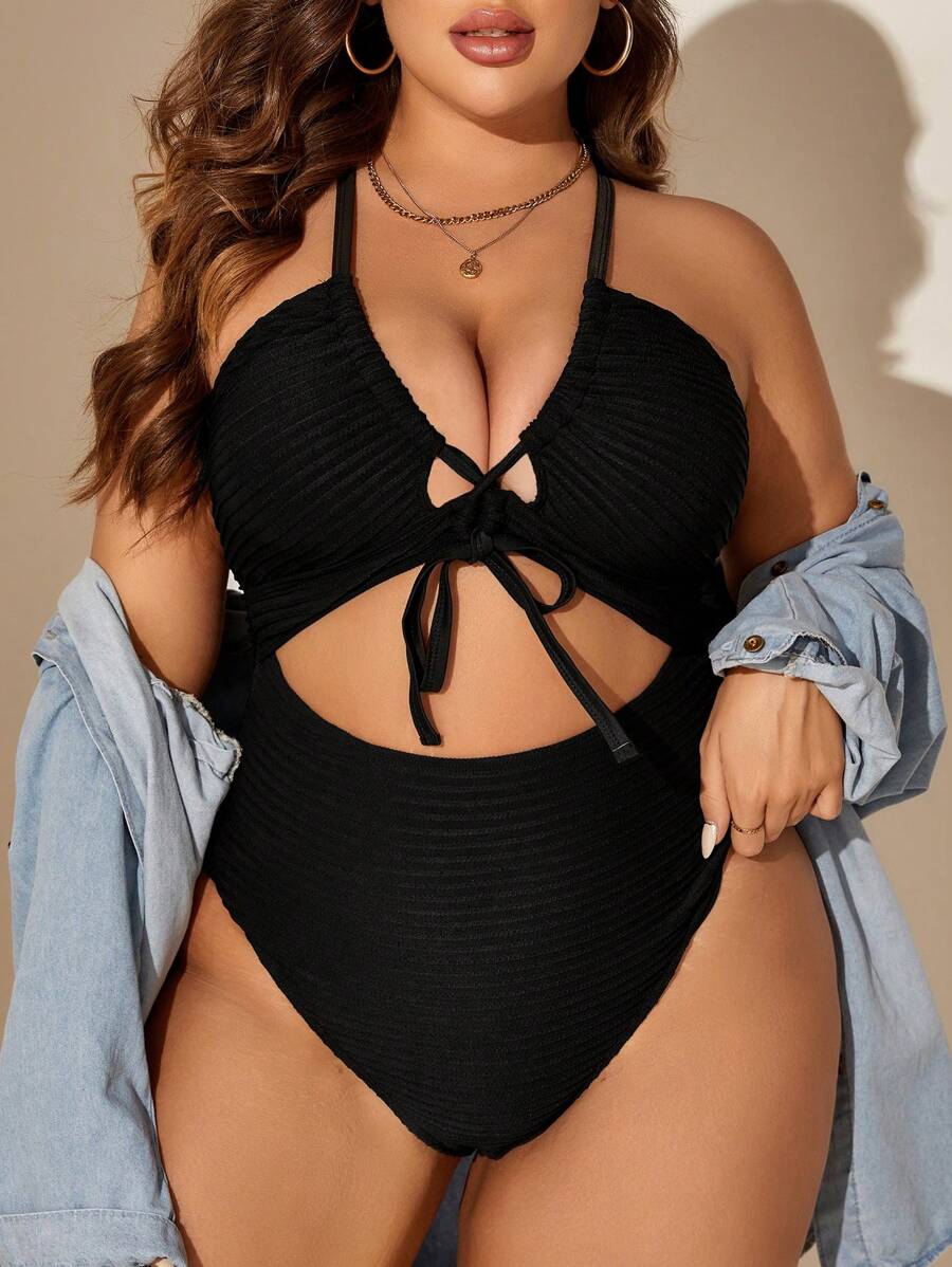 SHEIN Unity Summer Beach Plus Cut Out Crisscross Knot Front Halter One Piece Swimsuit - Black - View 1