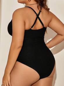 SHEIN Unity Summer Beach Plus Cut Out Crisscross Knot Front Halter One Piece Swimsuit - Black - View 2
