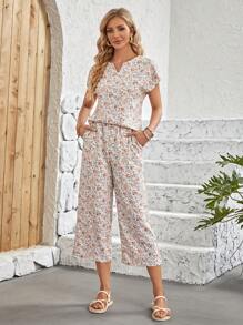 EMERY ROSE 小碎花缺口領襯衫和褲子 - 米色 - 查看 1