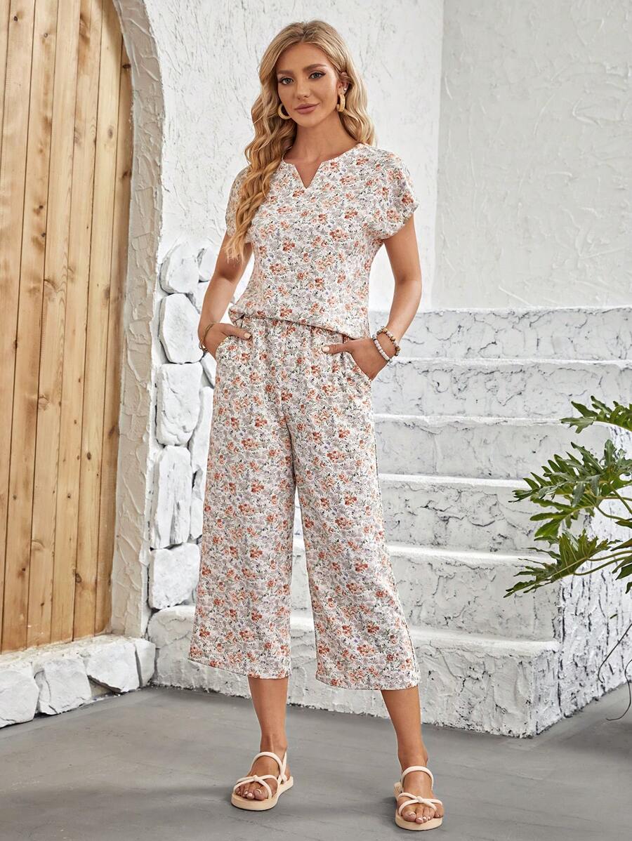 EMERY ROSE 小碎花缺口領襯衫和褲子 - 米色 - 查看 1