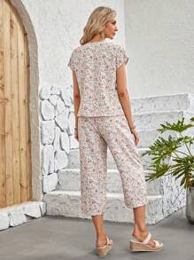 EMERY ROSE 小碎花缺口領襯衫和褲子 - 米色 - 查看 2