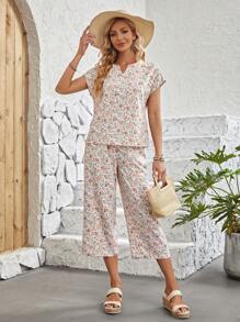 EMERY ROSE 小碎花缺口領襯衫和褲子 - 米色 - 查看 3