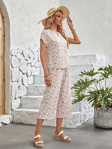 EMERY ROSE 小碎花缺口領襯衫和褲子 - 米色 - 查看 5