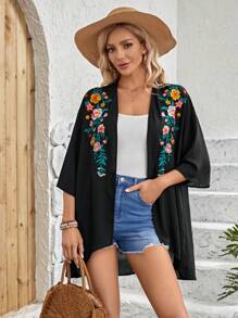 EMERY ROSE Floral Embroidery Open Front Kimono Without Cami Top - Black - View 1