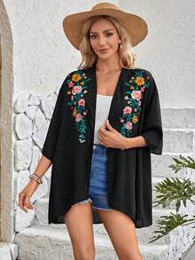 EMERY ROSE Floral Embroidery Open Front Kimono Without Cami Top - Black - View 5