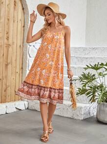 EMERY ROSE 印花荷葉邊吊帶洋裝 - 橘色 - 查看 1