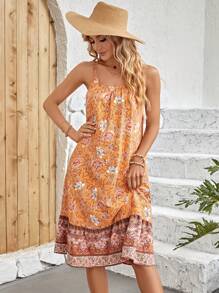 EMERY ROSE 印花荷葉邊吊帶洋裝 - 橘色 - 查看 6