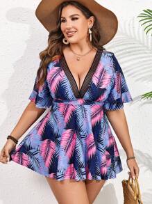 SHEIN Swim Curve Plus Size Tropical Print Contrast Mesh Flounce Sleeve Tankini Summer Beach - Multicolor - View 4
