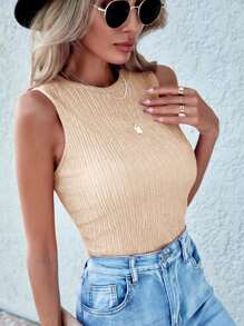 SHEIN LUNE Solid Textured Tank Top - Apricot - View 3