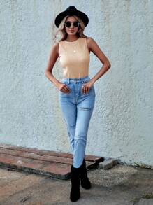 SHEIN LUNE Solid Textured Tank Top - Apricot - View 4