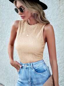 SHEIN LUNE Solid Textured Tank Top - Apricot - View 5