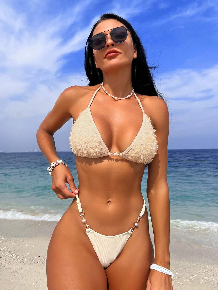 Bañador bikini triángulo halter aplique floral con encaje - Albaricoque - Ver 1