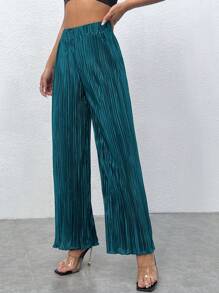 SHEIN PETITE 高腰褶皺闊腿褲 - 水鴨藍 - 查看 1