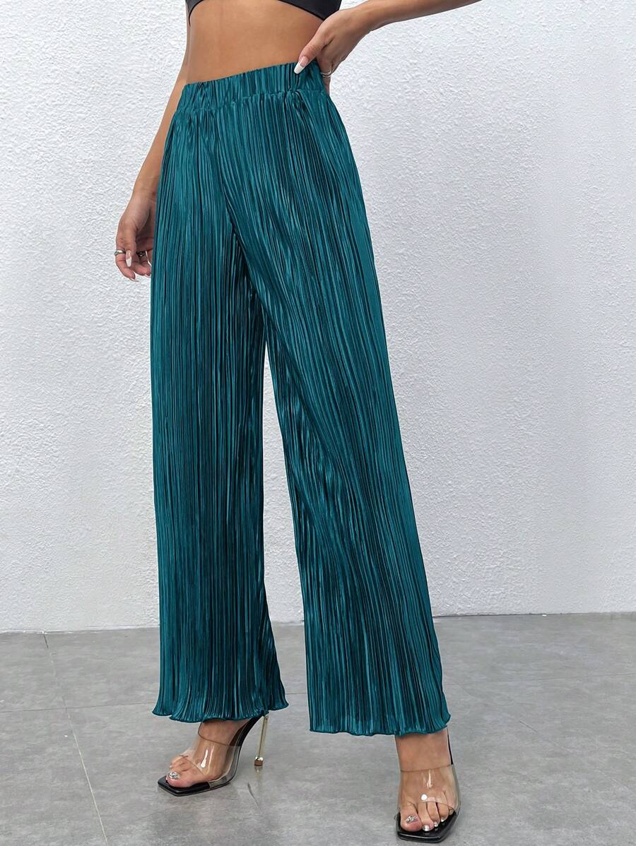 SHEIN PETITE 高腰褶皺闊腿褲 - 水鴨藍 - 查看 1