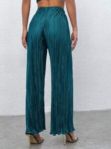 SHEIN PETITE 高腰褶皺闊腿褲 - 水鴨藍 - 查看 2