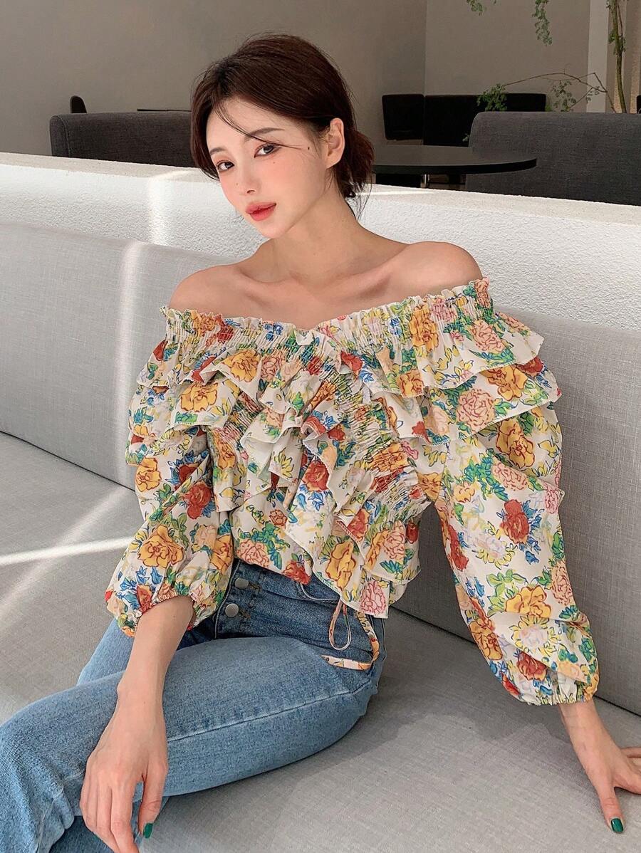 DAZY Áo sơ mi nữ Xù viền lá sen Dải chun Hoa Tất cả trên in Boho - Nhiều màu - Xem 1