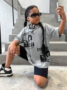 SHEIN Girls 1Pc Slogan & Figure Graphic Drop Shoulder Tee - Màu Xám nhạt - Xem 2