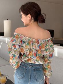 DAZY Áo sơ mi nữ Xù viền lá sen Dải chun Hoa Tất cả trên in Boho - Nhiều màu - Xem 2