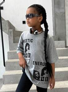 SHEIN Girls 1Pc Slogan & Figure Graphic Drop Shoulder Tee - Màu Xám nhạt - Xem 4