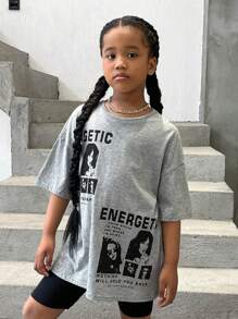 SHEIN Girls 1Pc Slogan & Figure Graphic Drop Shoulder Tee - Màu Xám nhạt - Xem 5